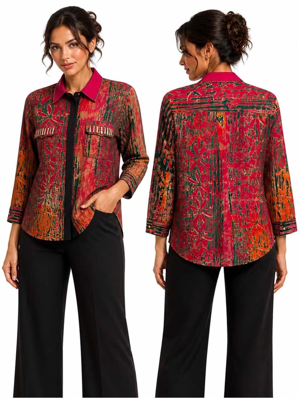 Hand Crafted Batik Beaded Art To Wear Shirt Hidden Buttons Statement Top M/L
